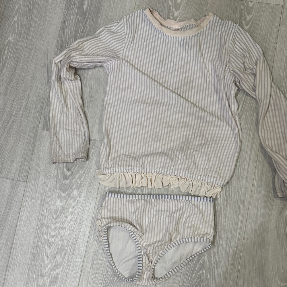 Ruffle Butts Cream and Lavendar Striped Ruffle Rashguard Swim Set, size 7